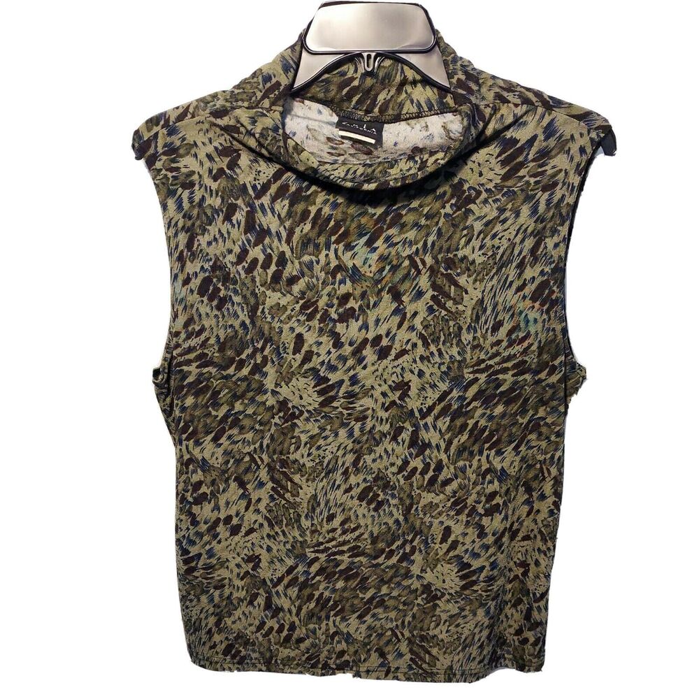 JKLA CALIFORNIA Sleeveless Top Large Cowl Neck Green Brown Stretch